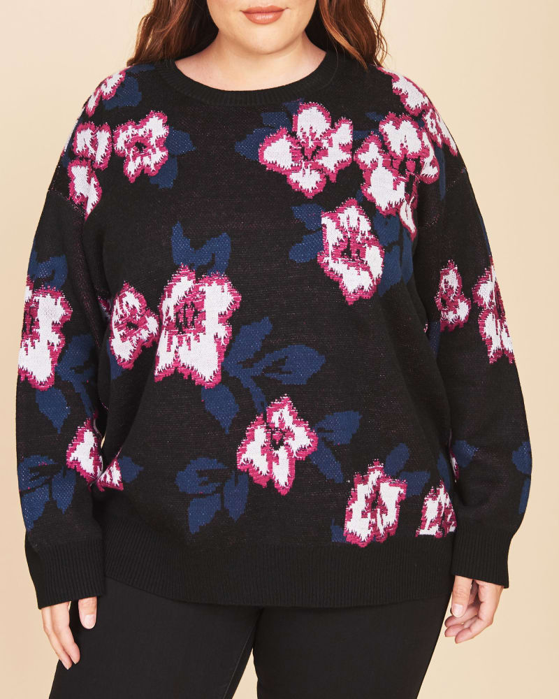 Front of a model wearing a size 1X Brooke Floral Crew Neck Sweater in L304 BLACK by Daniel Rainn. | dia_product_style_image_id:304890